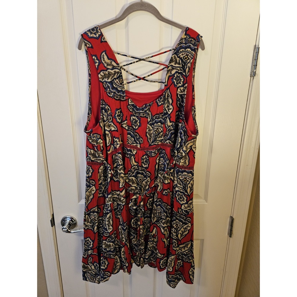 Maurices Red Floral Skater Lined Crisscross Back Gauzy Sleeveless Dress, Plus 2X - Picture 5 of 9